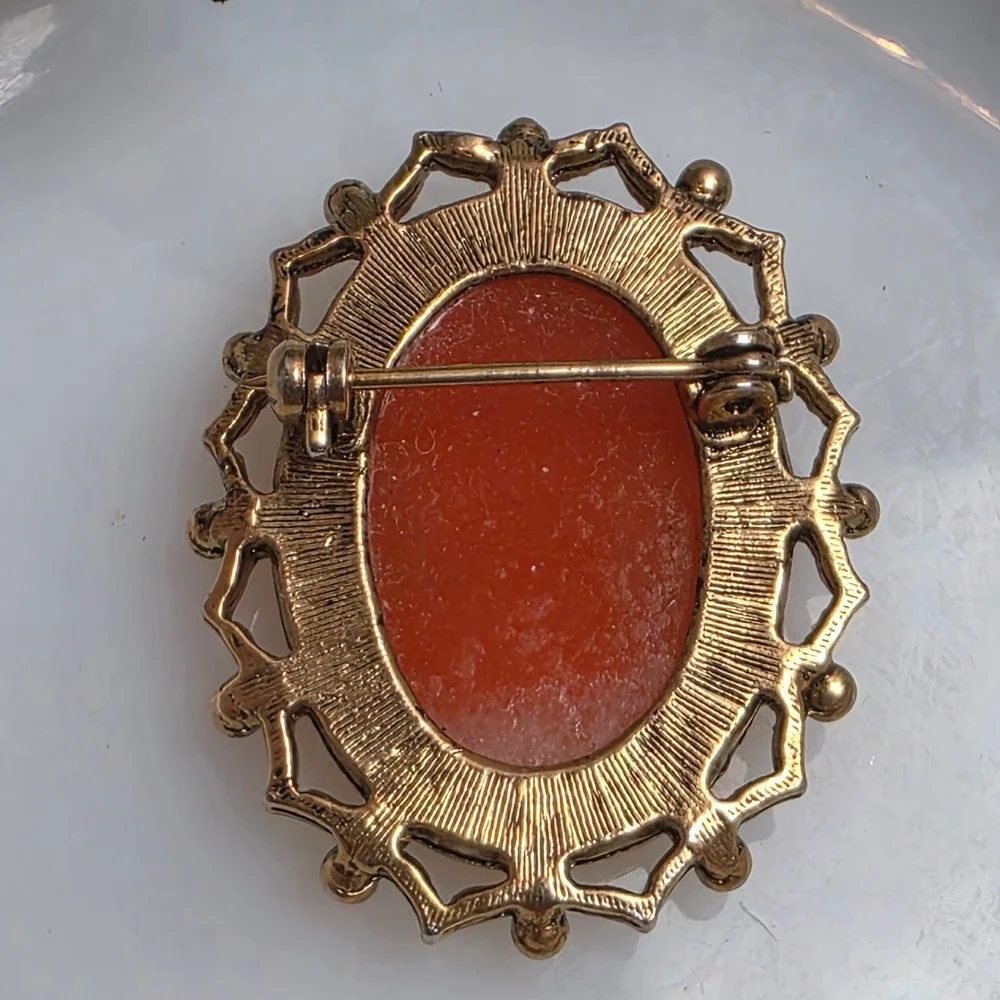 Vintage Cameo Brooch Pin Oval Portrait Woman‎ Cream Coral Gold Tone Ornate Metal